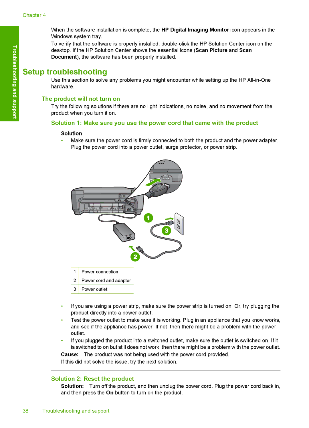 HP C4344 manual Setup troubleshooting, Product will not turn on, Solution 2 Reset the product 