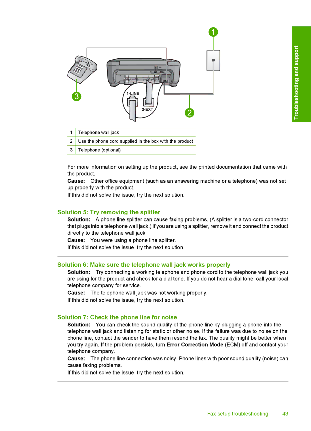 HP C4344 manual Solution 5 Try removing the splitter, Solution 6 Make sure the telephone wall jack works properly 