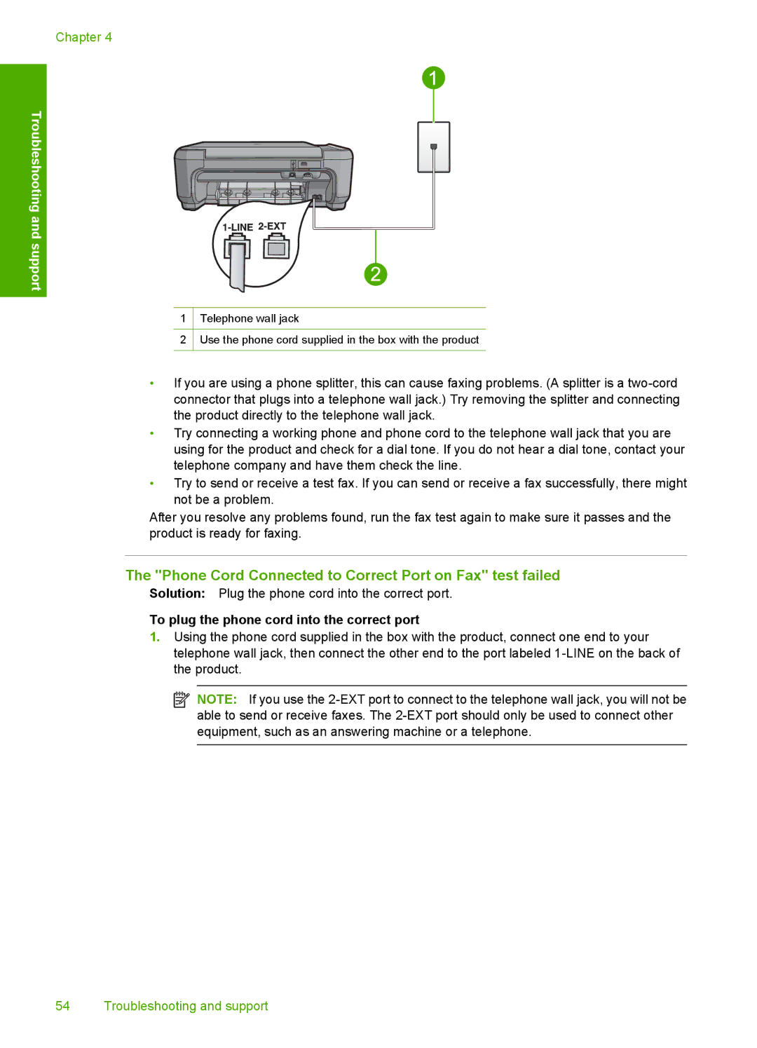 HP C4344 manual Phone Cord Connected to Correct Port on Fax test failed, To plug the phone cord into the correct port 