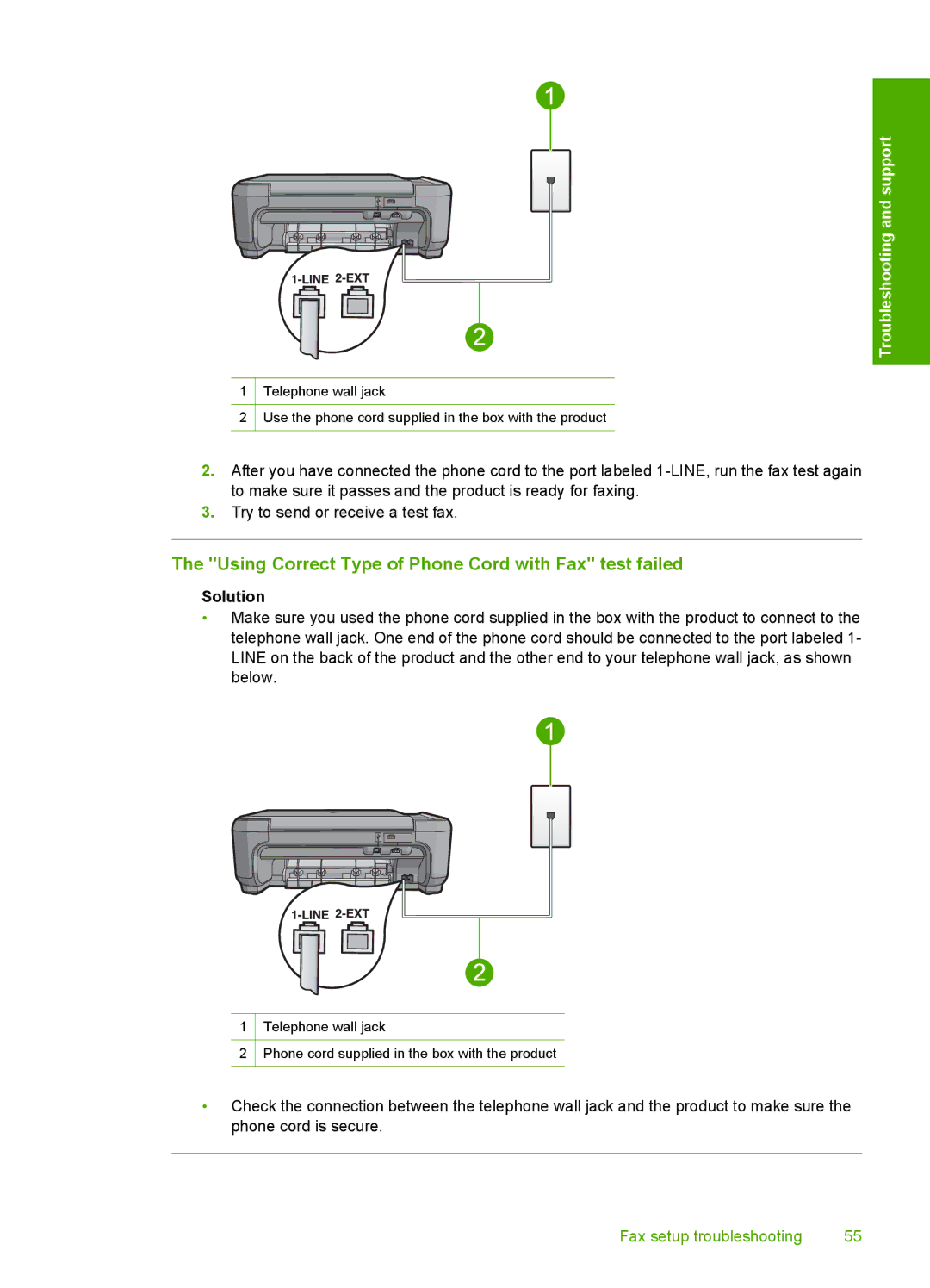 HP C4344 manual Using Correct Type of Phone Cord with Fax test failed 