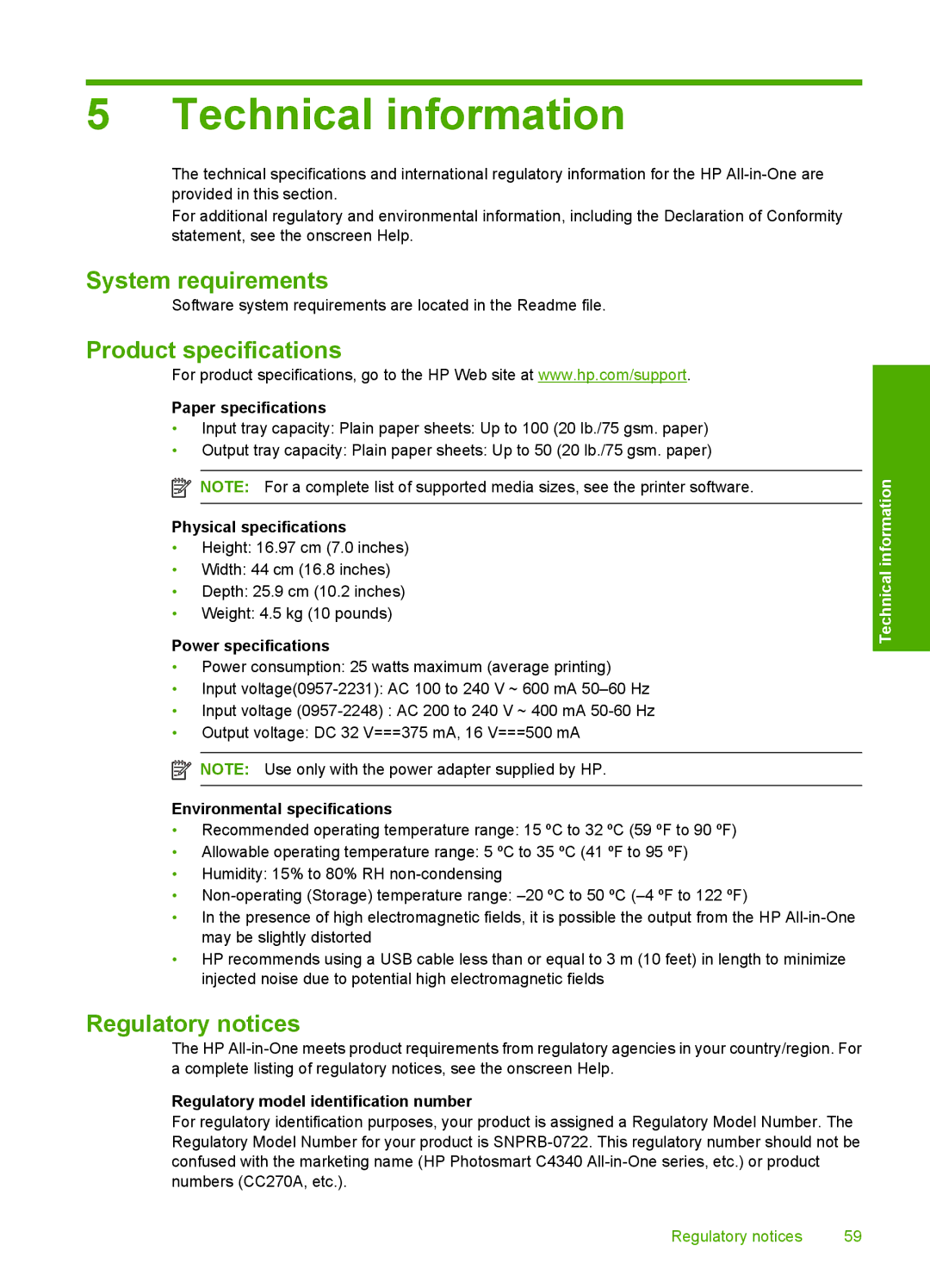 HP C4344 manual System requirements, Product specifications, Regulatory notices 