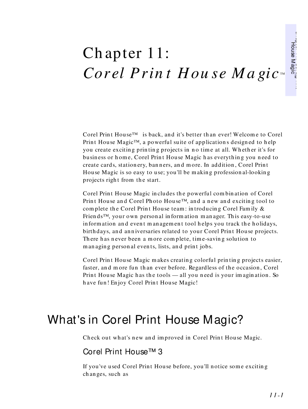 HP C4380-90100 manual Whats in Corel Print House Magic?, 11-1 