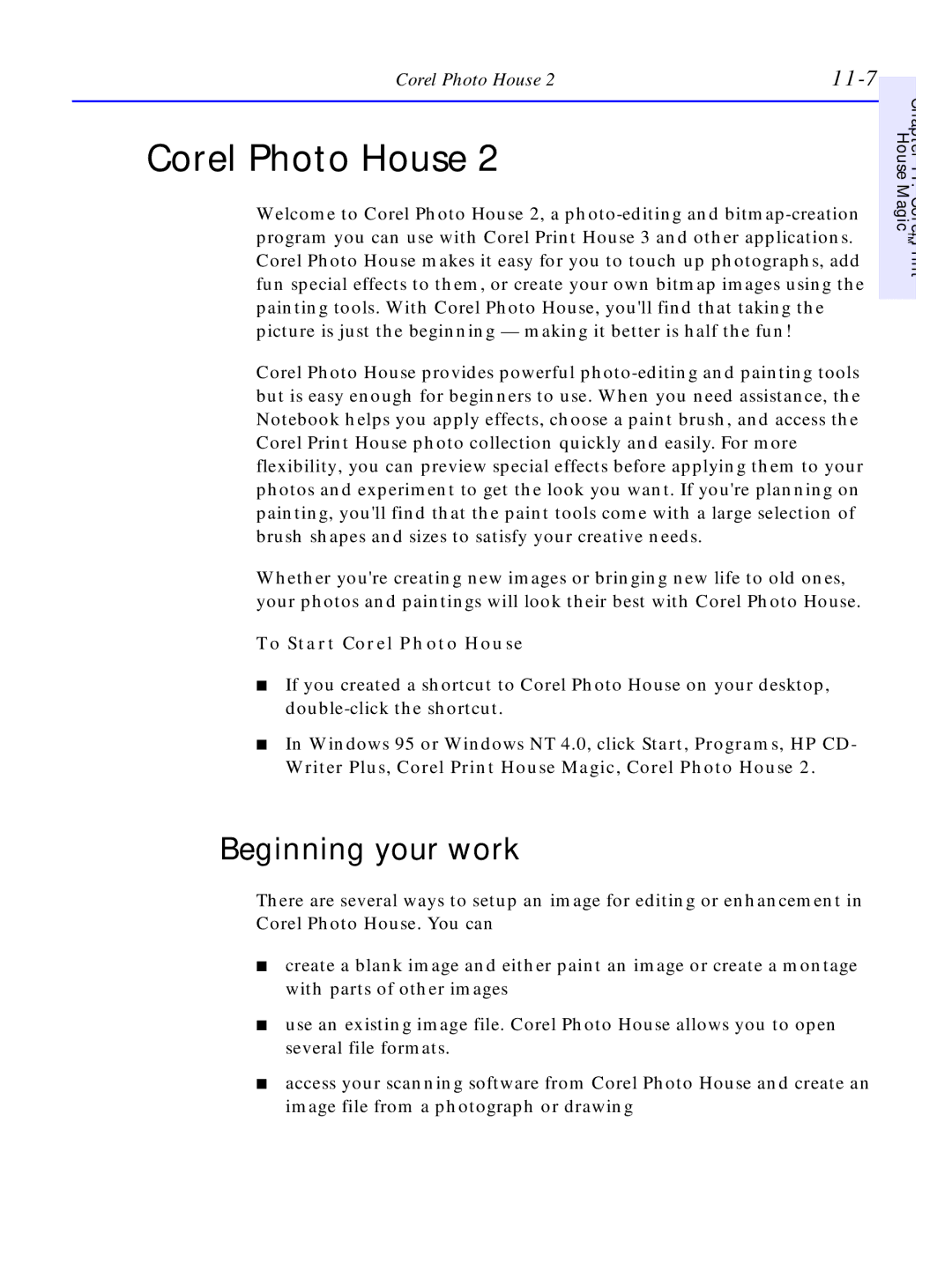 HP C4380-90100 manual Beginning your work, 11-7, To Start Corel Photo House 