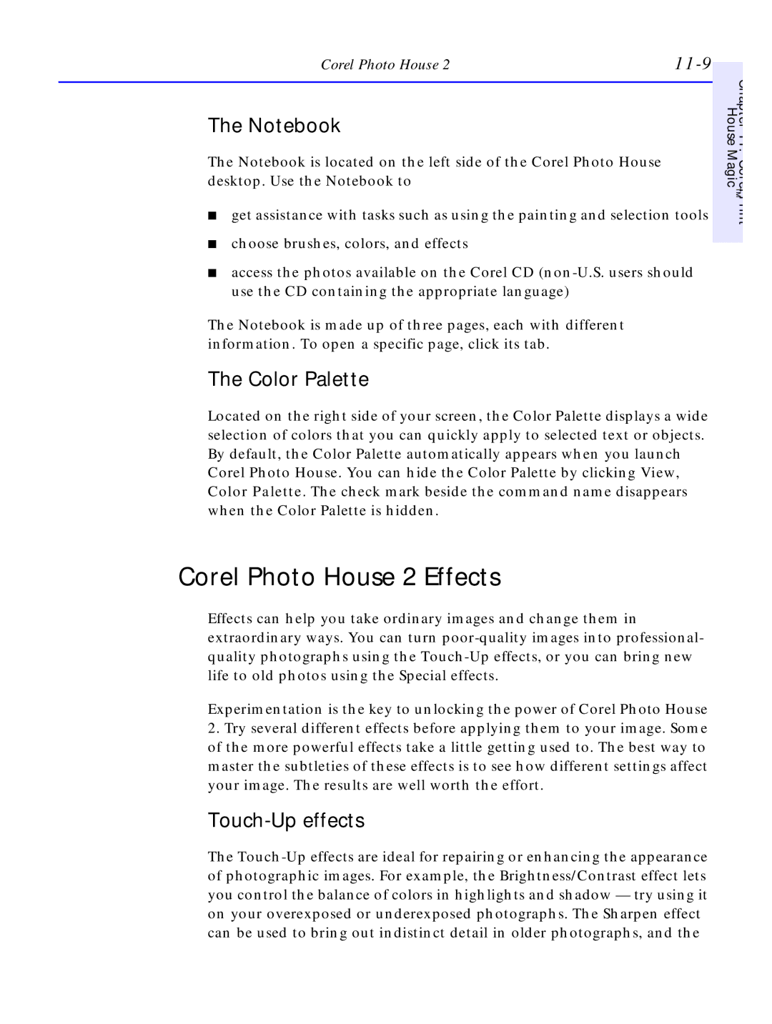 HP C4380-90100 manual Corel Photo House 2 Effects, Touch-Up effects, 11-9 