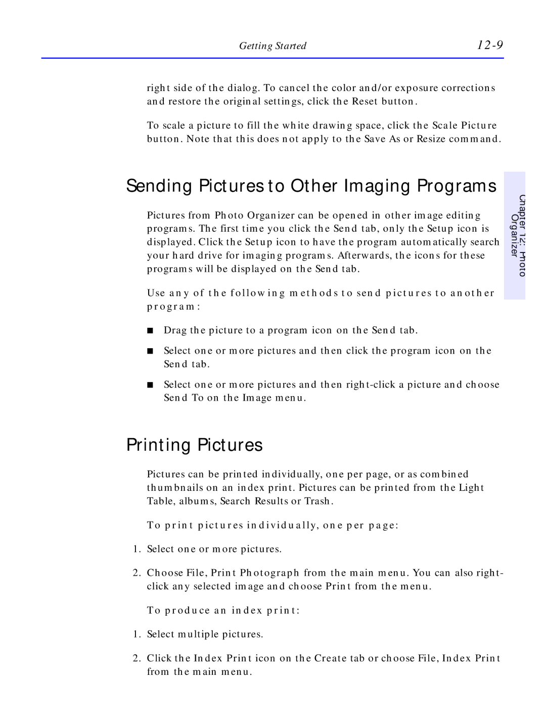 HP C4380-90100 manual Sending Pictures to Other Imaging Programs, Printing Pictures, 12-9, To produce an index print 