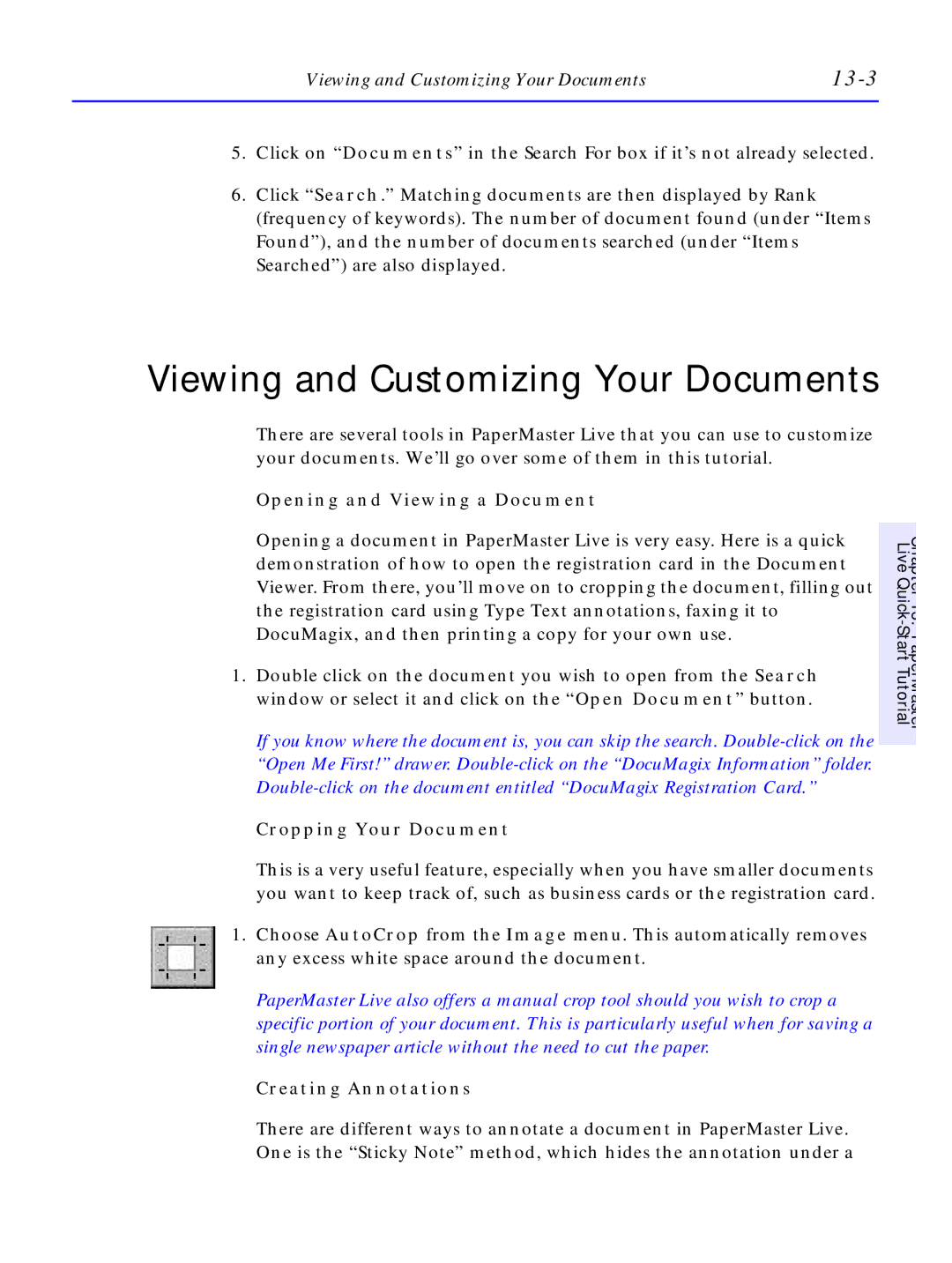 HP C4380-90100 manual 13-3, Viewing and Customizing Your Documents, Opening and Viewing a Document, Cropping Your Document 