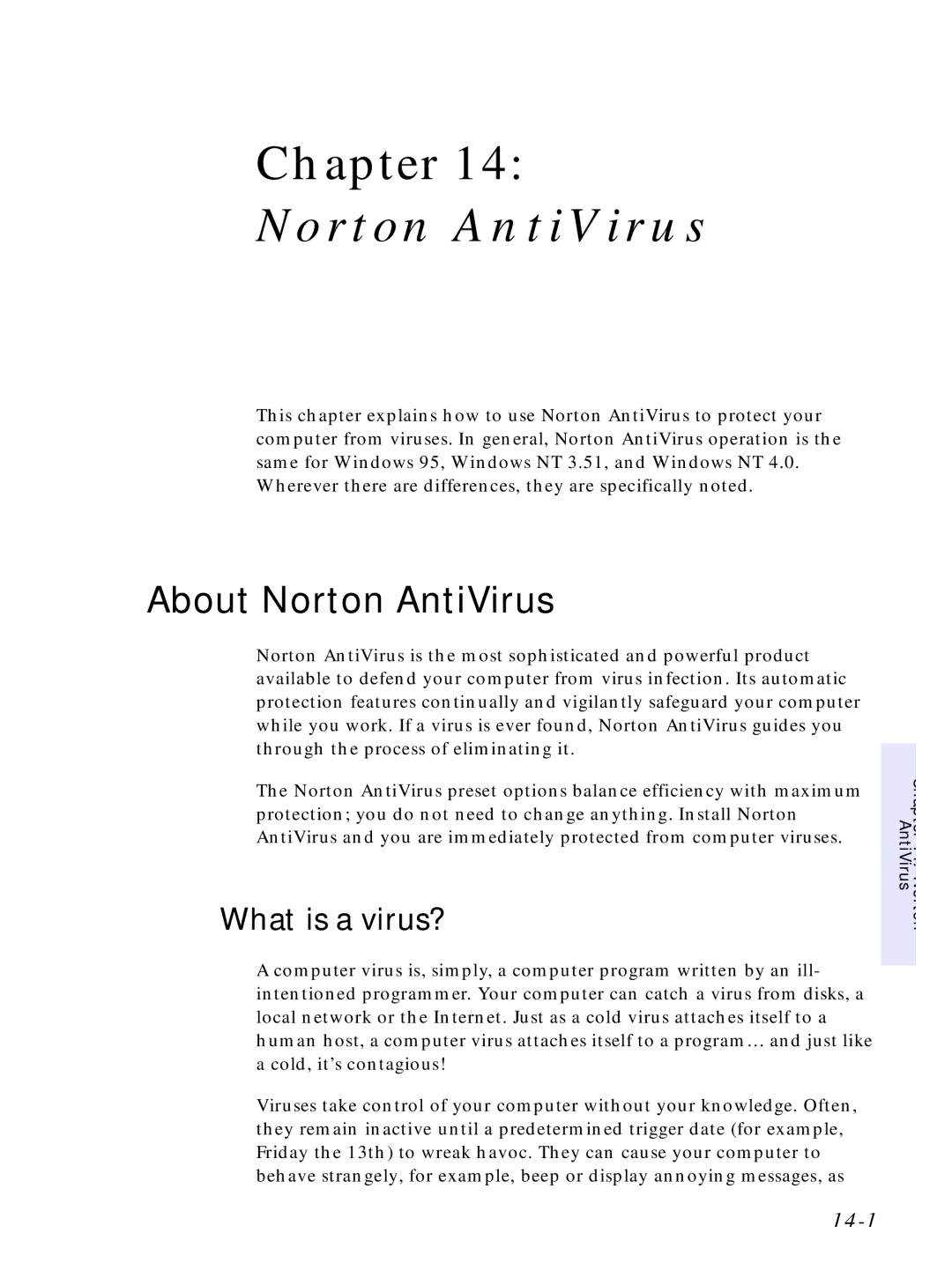 HP C4380-90100 manual About Norton AntiVirus, What is a virus?, 14-1 