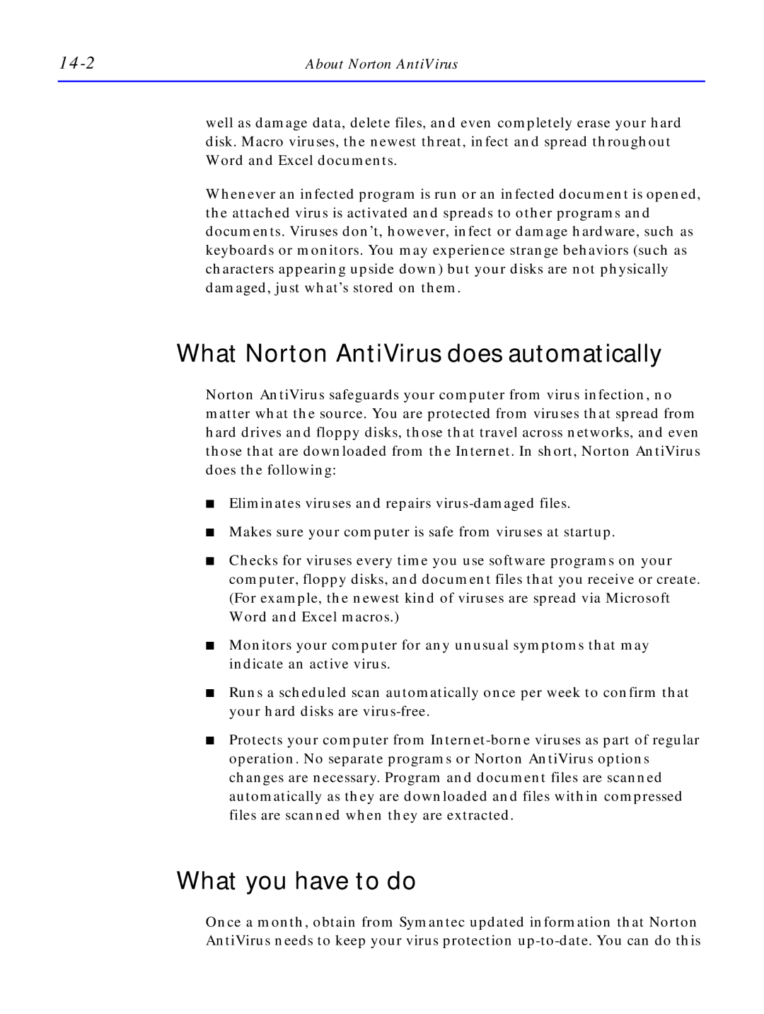 HP C4380-90100 manual What Norton AntiVirus does automatically, What you have to do, 14-2, About Norton AntiVirus 