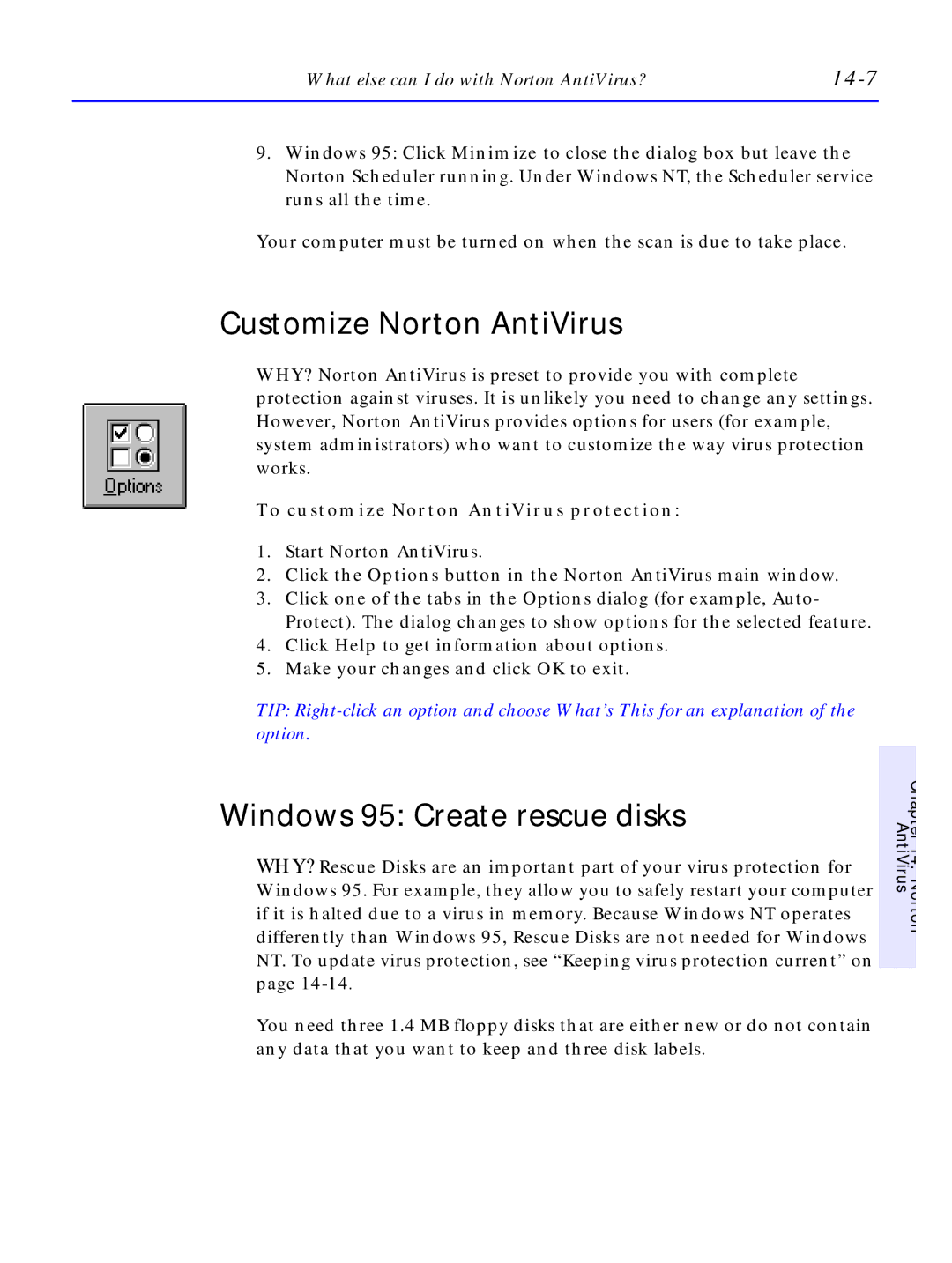 HP C4380-90100 Customize Norton AntiVirus, Windows 95 Create rescue disks, 14-7, To customize Norton AntiVirus protection 