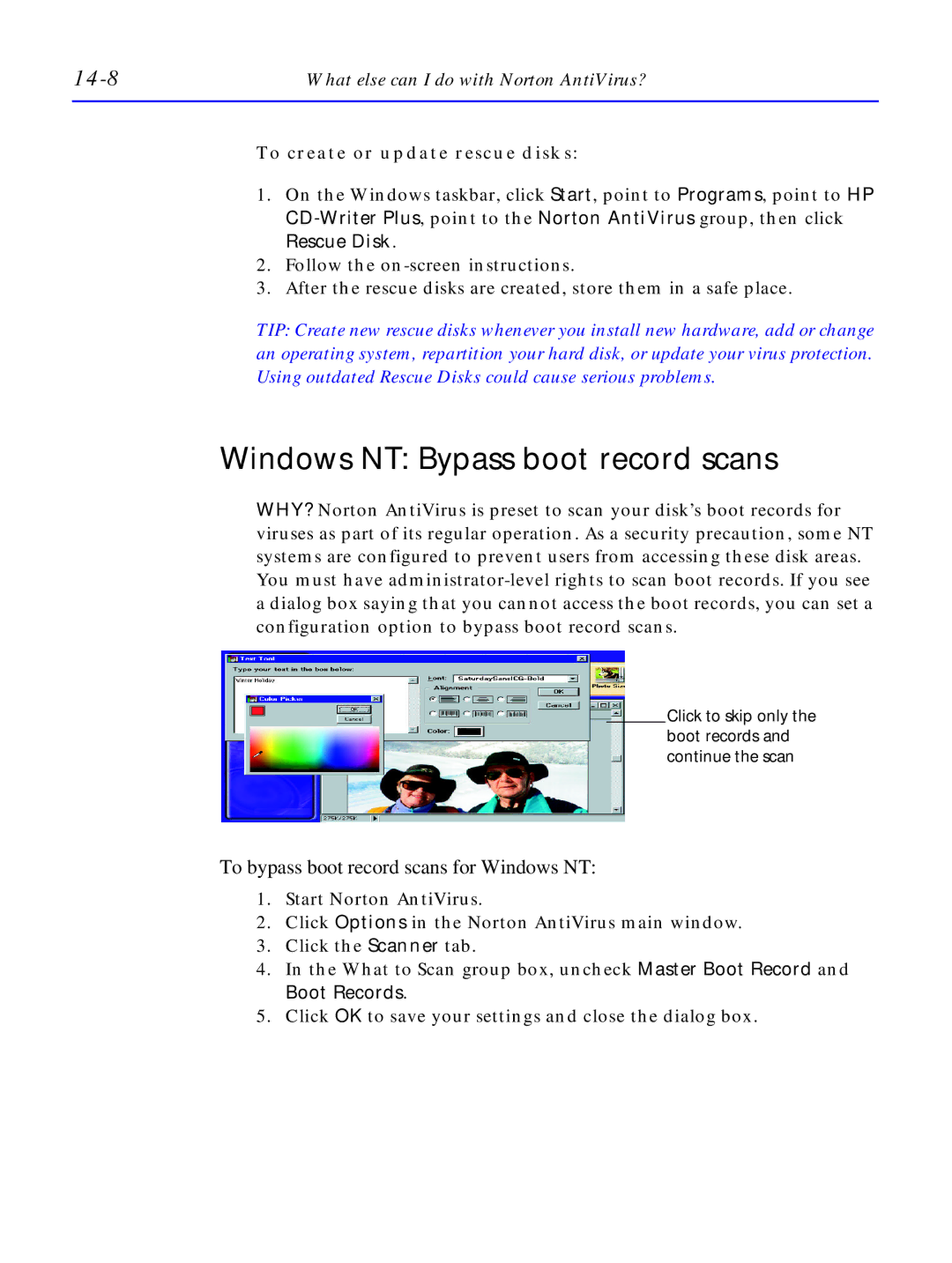 HP C4380-90100 manual Windows NT Bypass boot record scans, 14-8, To create or update rescue disks 