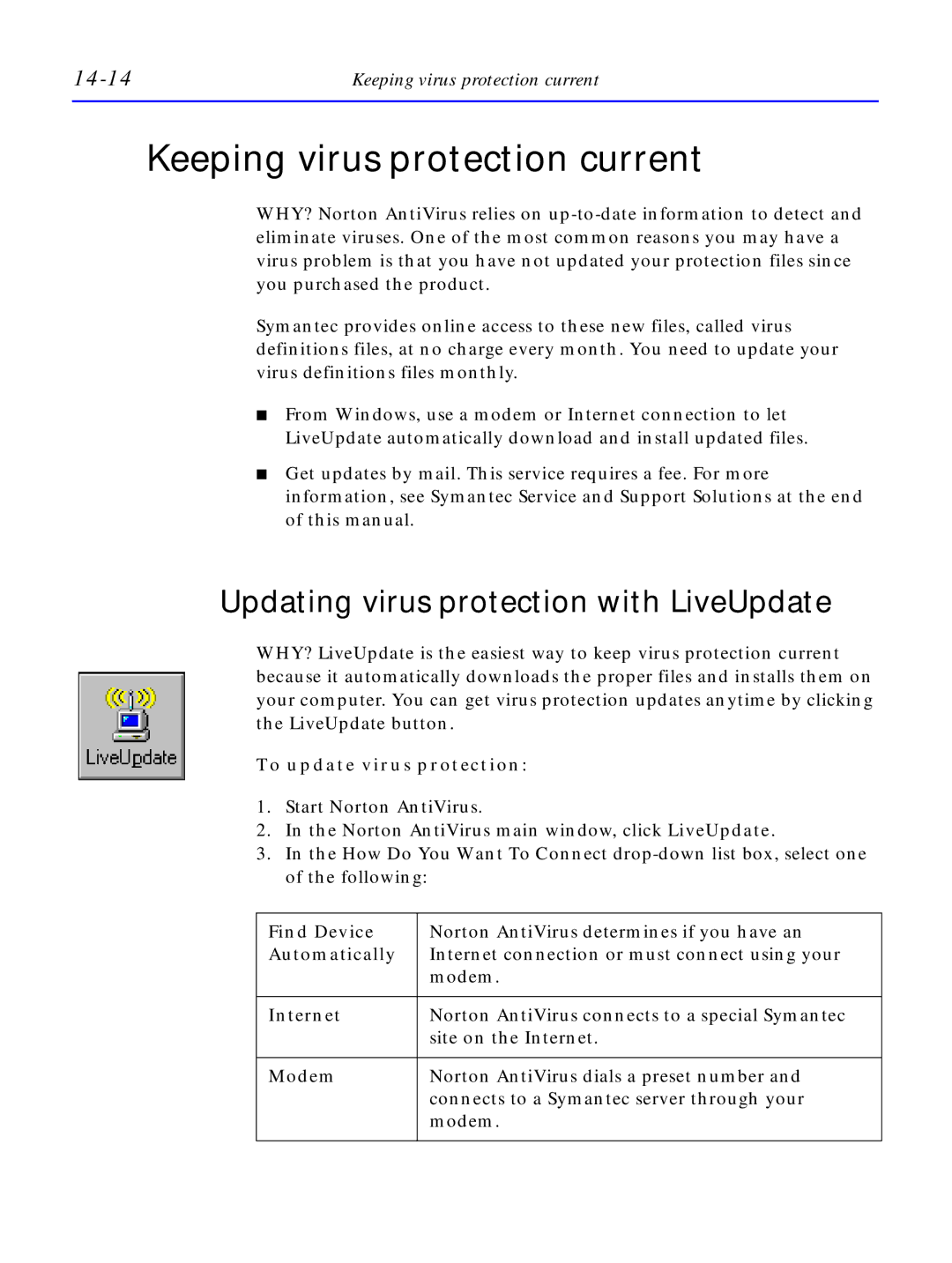 HP C4380-90100 manual Keeping virus protection current, Updating virus protection with LiveUpdate, 14-14 