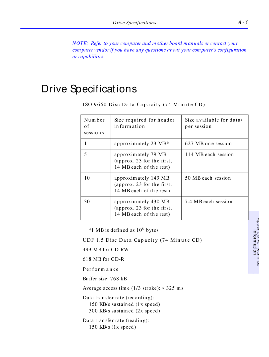 HP C4380-90100 manual Drive Specifications, UDF 1.5 Disc Data Capacity 74 Minute CD, Performance 