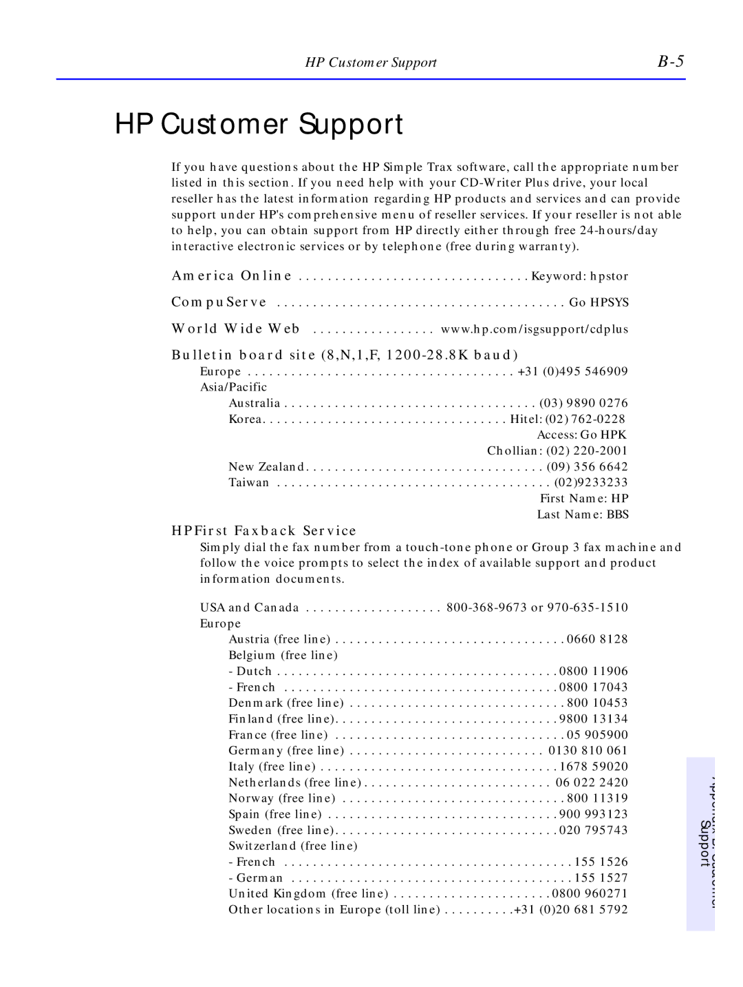 HP C4380-90100 manual HP Customer Support, Bulletin board site 8,N,1,F, 1200-28.8K baud, HPFirst Faxback Service 