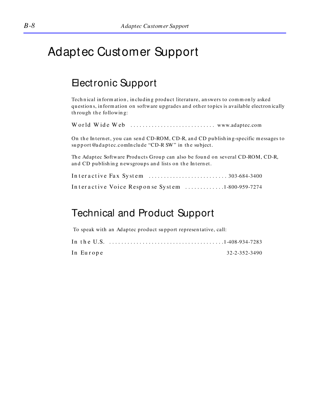 HP C4380-90100 manual Adaptec Customer Support, Electronic Support, Technical and Product Support, Europe 