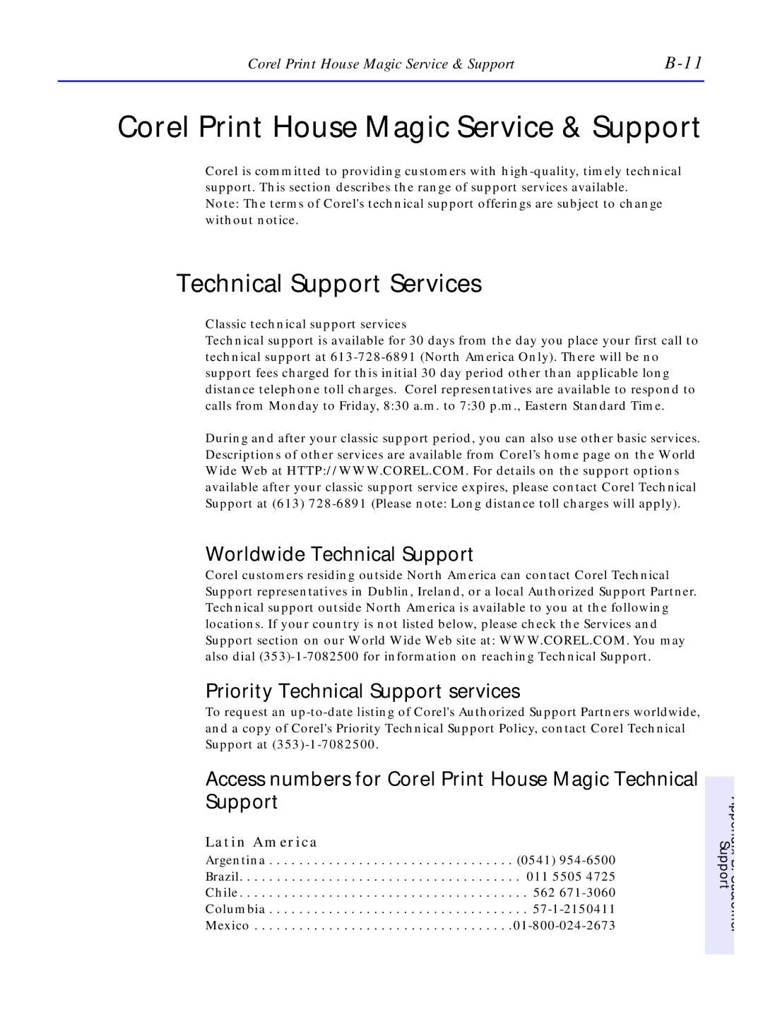 HP C4380-90100 manual Corel Print House Magic Service & Support, Technical Support Services, Latin America 