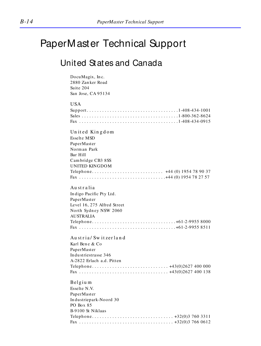 HP C4380-90100 manual PaperMaster Technical Support, United States and Canada 