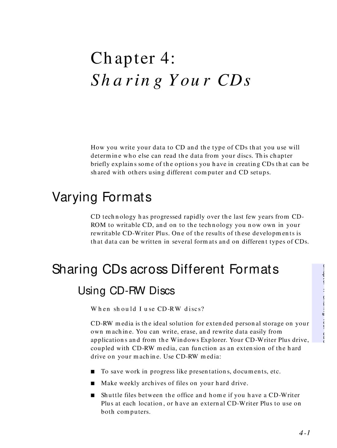 HP C4380-90100 manual Sharing Your CDs, Varying Formats, Sharing CDs across Different Formats, Using CD-RW Discs 