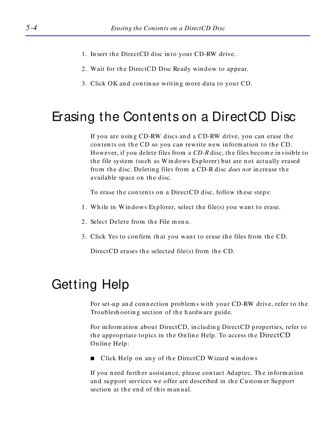 HP C4380-90100 manual Erasing the Contents on a DirectCD Disc, Getting Help 