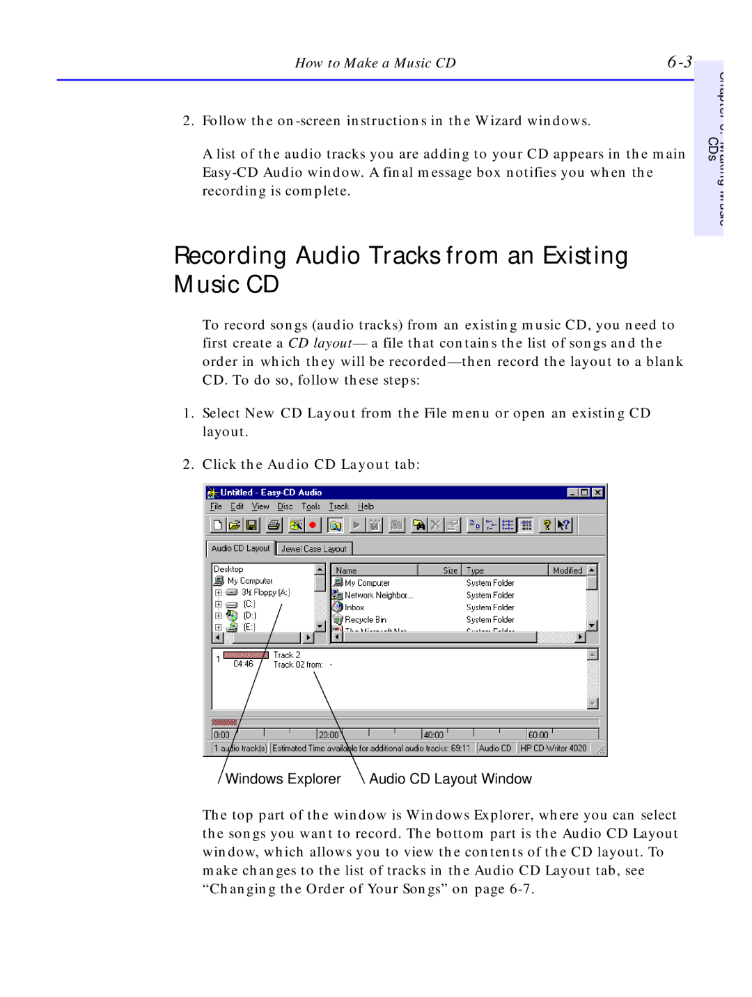 HP C4380-90100 manual Recording Audio Tracks from an Existing Music CD, Click the Audio CD Layout tab 