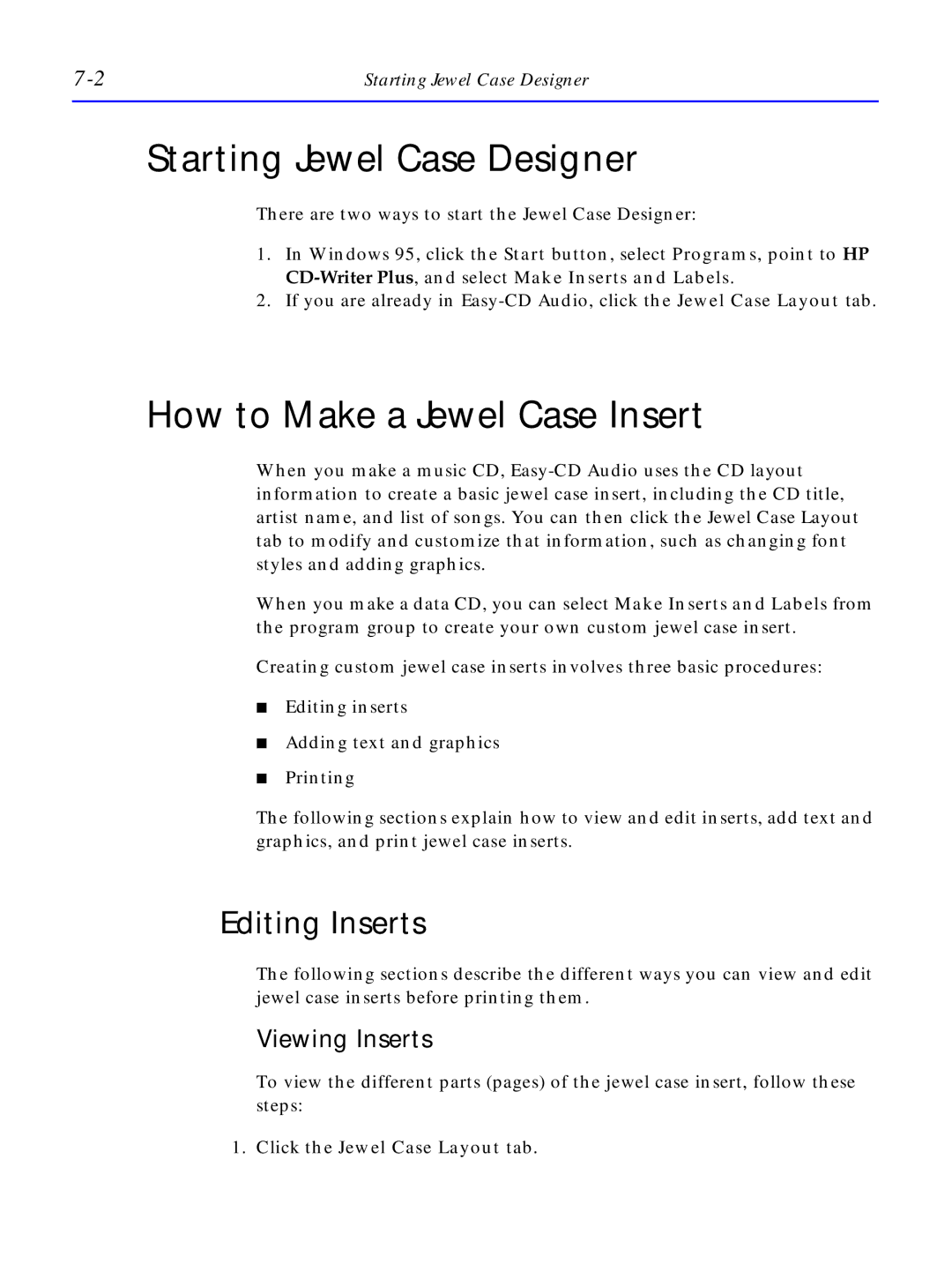 HP C4380-90100 manual Starting Jewel Case Designer, How to Make a Jewel Case Insert, Editing Inserts, Viewing Inserts 