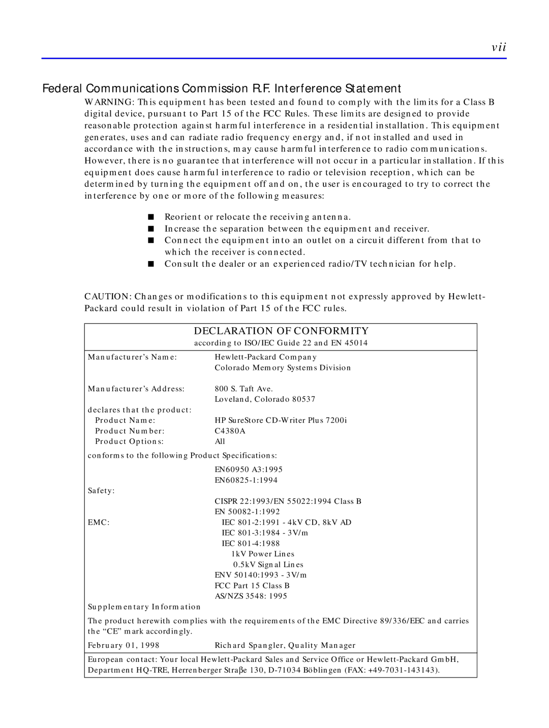 HP C4380-90100 manual Vii, Declaration of Conformity 