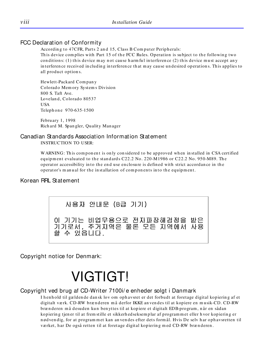 HP C4380-90100 manual Viii, FCC Declaration of Conformity 