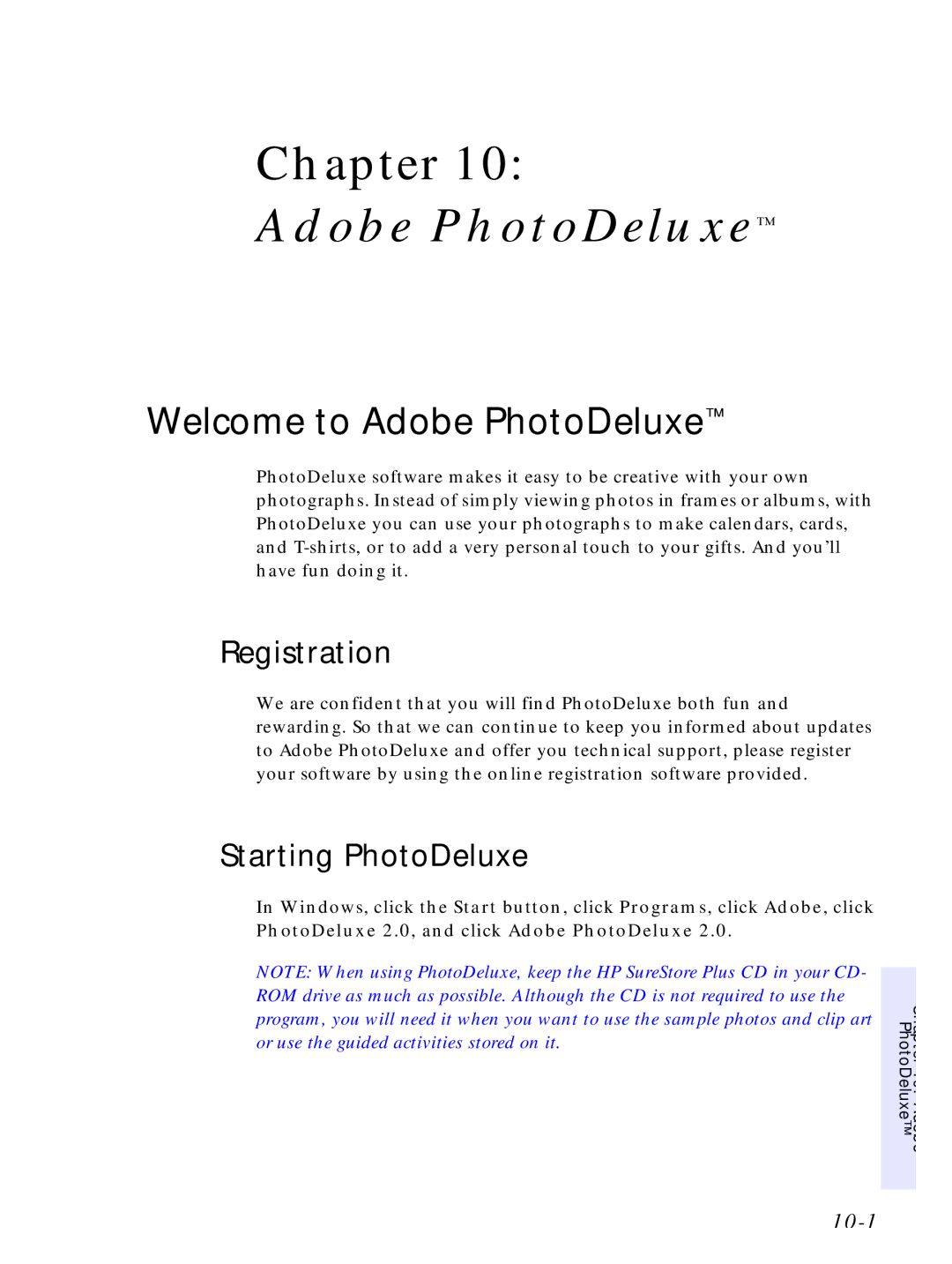 HP C4380-90100 manual Welcome to Adobe PhotoDeluxe, Registration, Starting PhotoDeluxe, 10-1 