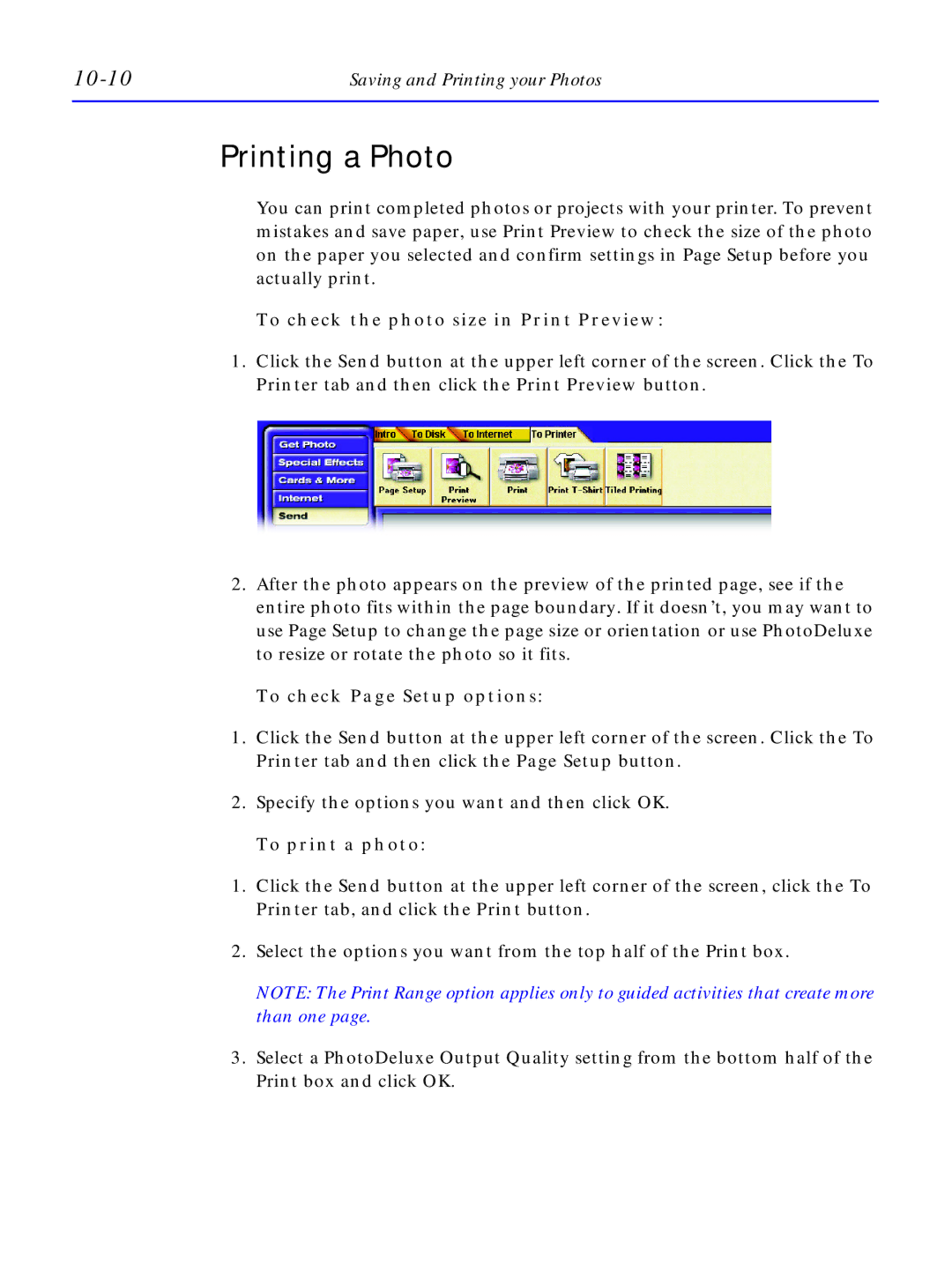 HP C4380-90100 manual Printing a Photo, 10-10, To check the photo size in Print Preview, To check Page Setup options 