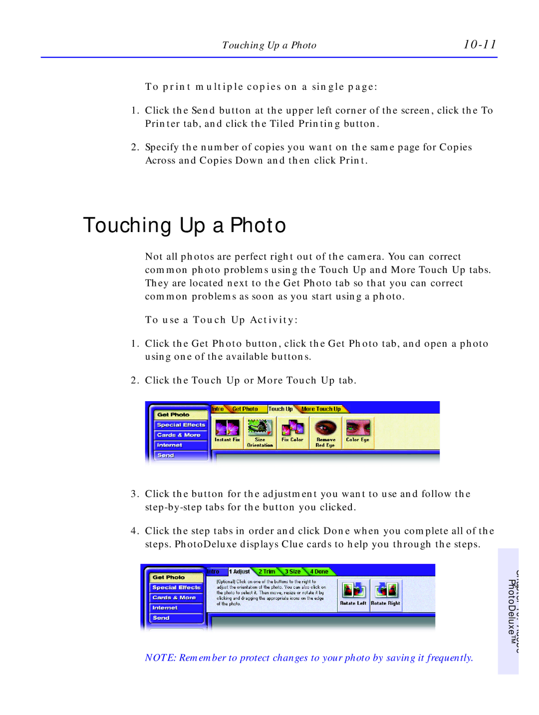 HP C4380-90100 manual Touching Up a Photo, 10-11, To print multiple copies on a single, To use a Touch Up Activity 