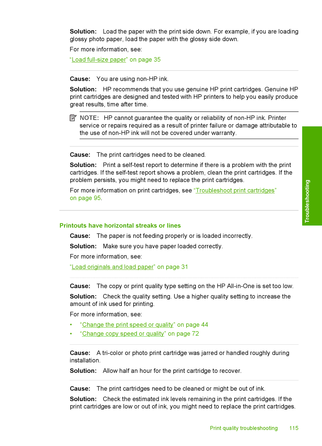 HP C4385, C4380, C4390 manual Printouts have horizontal streaks or lines 