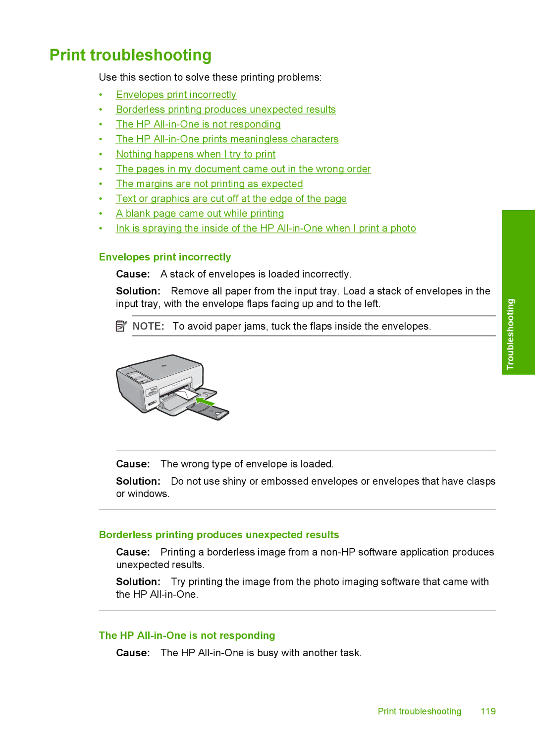 HP C4380, C4390, C4385 Print troubleshooting, Envelopes print incorrectly, Borderless printing produces unexpected results 