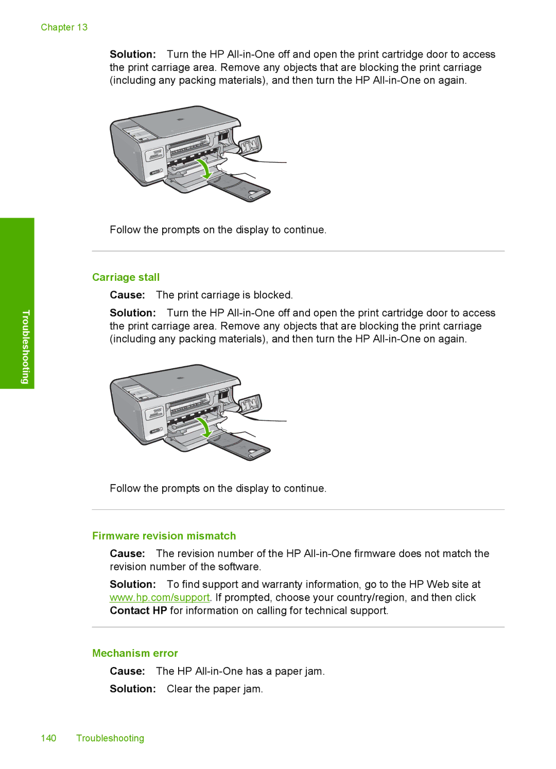 HP C4380, C4390, C4385 manual Carriage stall, Firmware revision mismatch, Mechanism error 