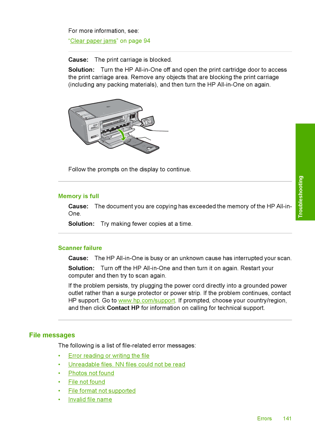 HP C4390, C4380, C4385 manual File messages, Memory is full, Scanner failure 