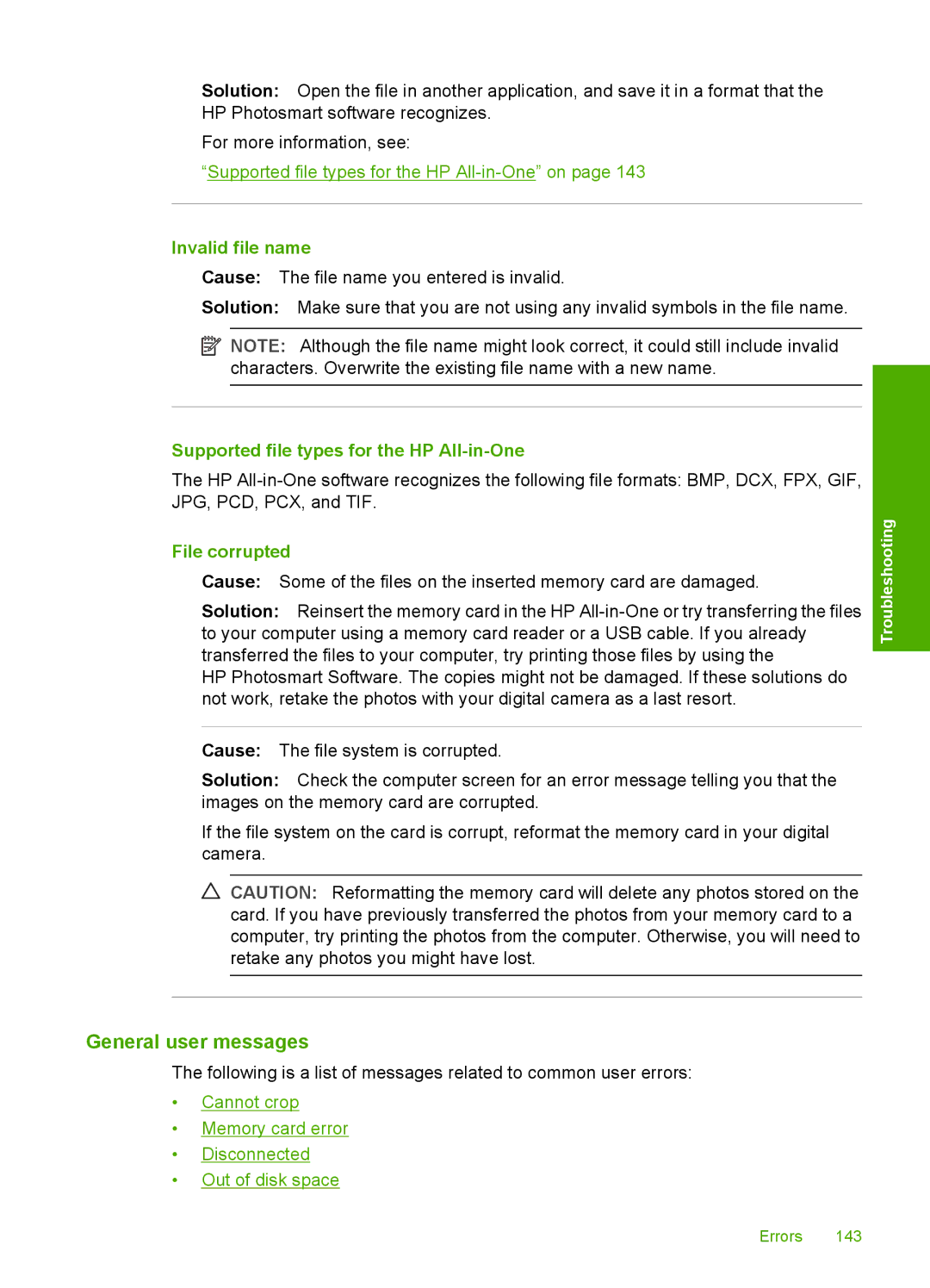 HP C4380, C4390, C4385 General user messages, Invalid file name, Supported file types for the HP All-in-One, File corrupted 