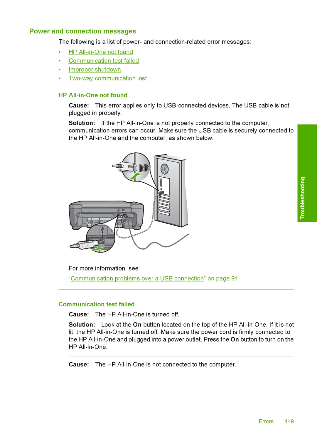 HP C4380, C4390, C4385 manual Power and connection messages, HP All-in-One not found, Communication test failed 