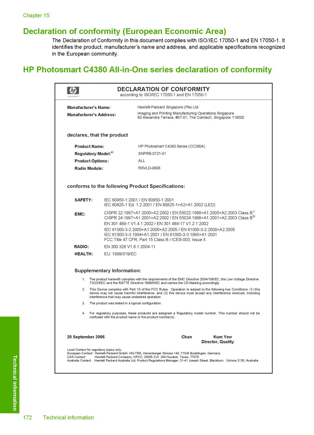 HP C4385, C4380, C4390 manual Declaration of conformity European Economic Area 