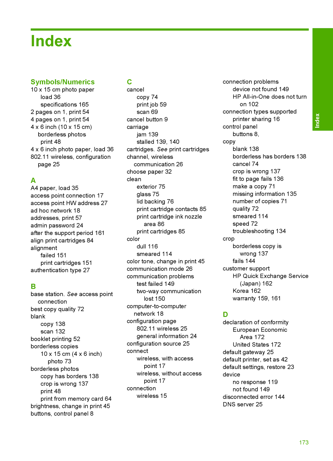 HP C4380, C4390, C4385 manual Index, Symbols/Numerics 