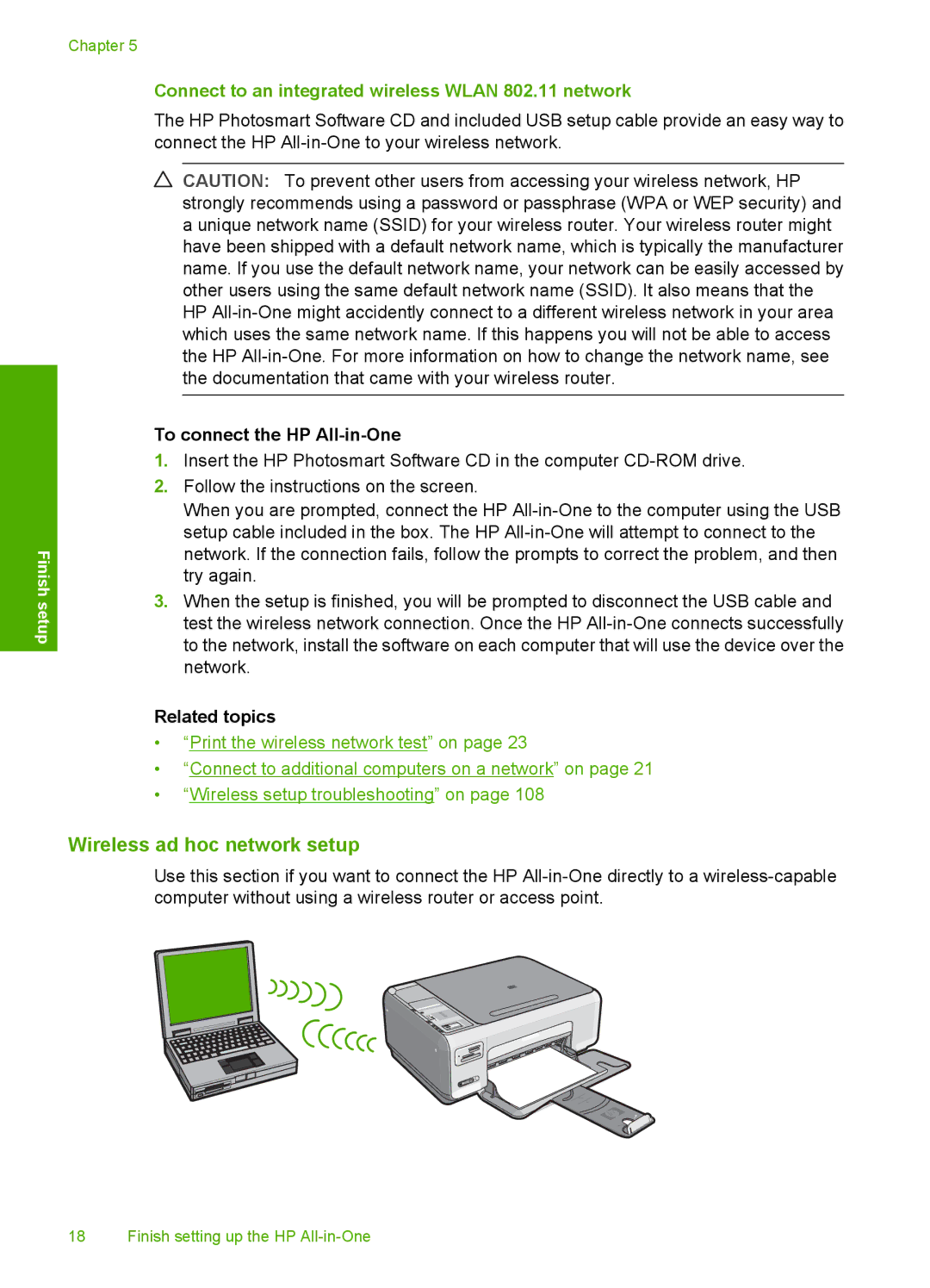 HP C4390, C4380, C4385 Wireless ad hoc network setup, Connect to an integrated wireless Wlan 802.11 network, Related topics 