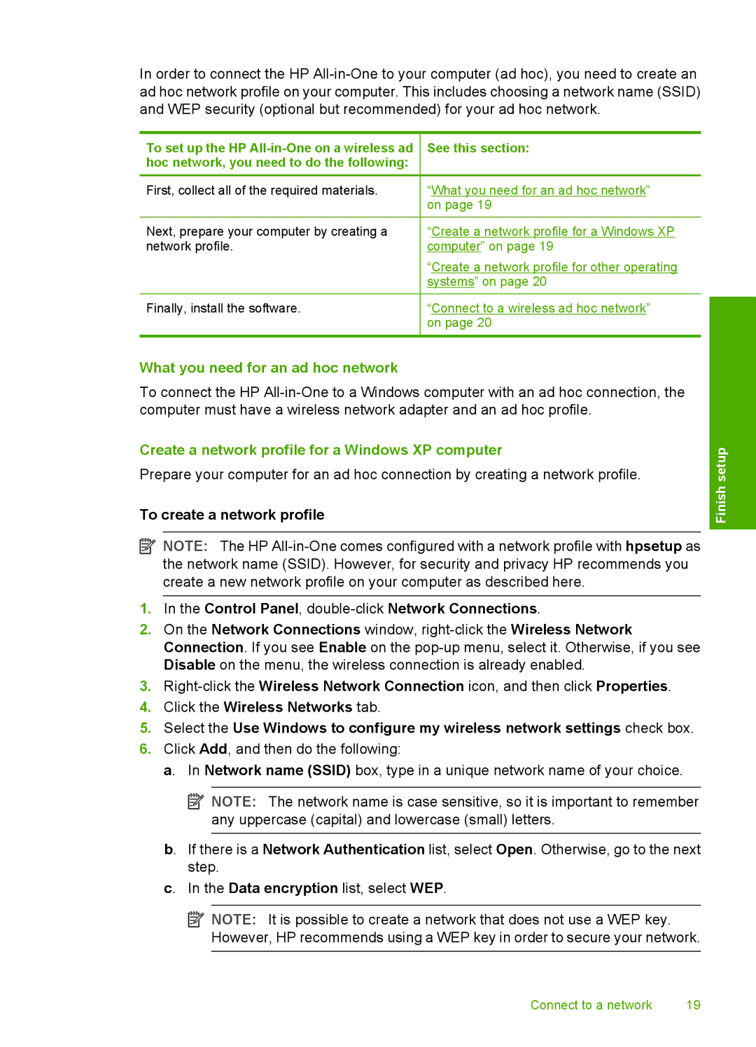 HP C4385, C4380, C4390 manual What you need for an ad hoc network, Create a network profile for a Windows XP computer 