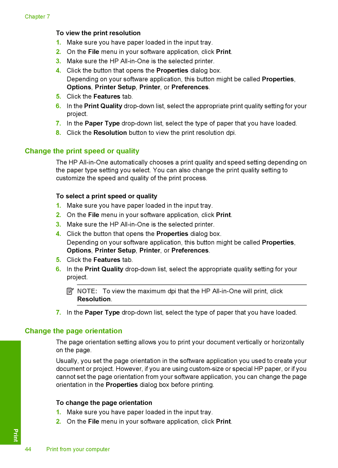 HP C4380, C4390, C4385 manual Change the print speed or quality, Change the page orientation, To view the print resolution 