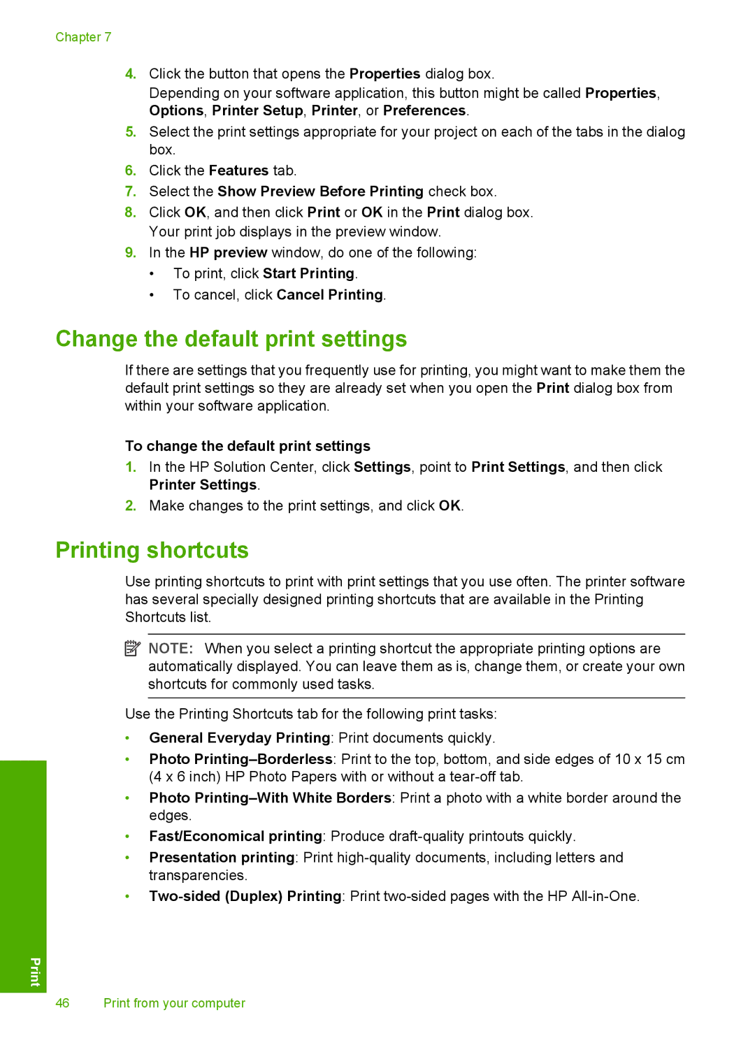 HP C4385, C4380 Change the default print settings, Printing shortcuts, Select the Show Preview Before Printing check box 