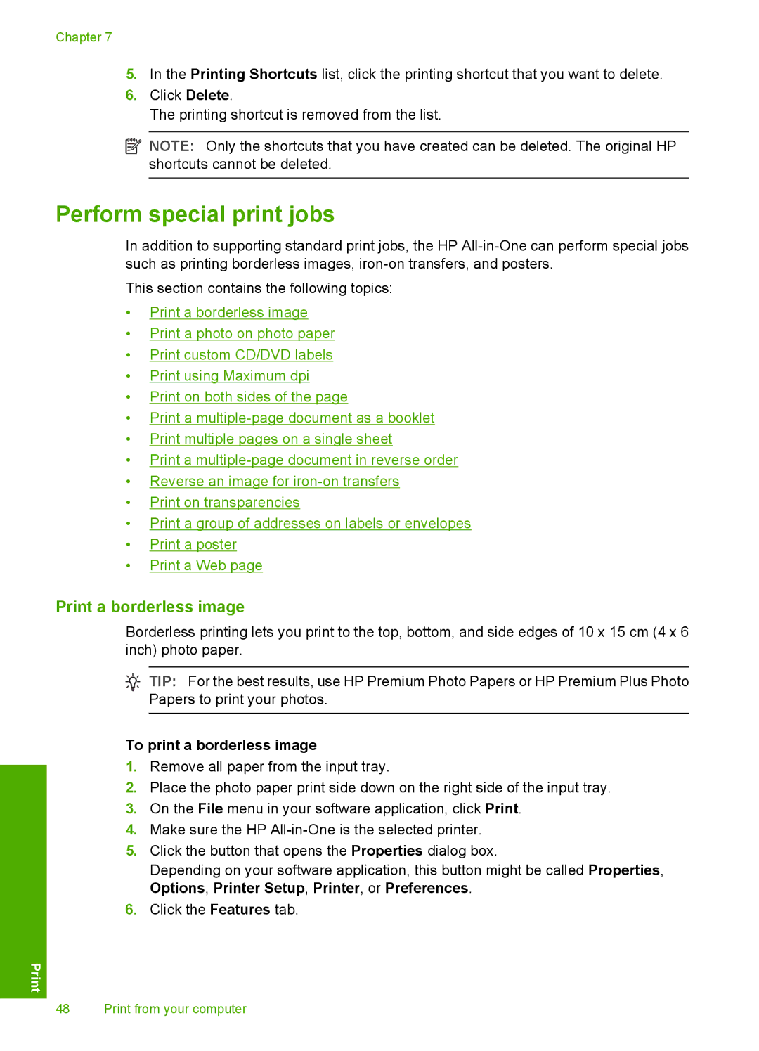 HP C4390, C4380, C4385 manual Perform special print jobs, Print a borderless image, To print a borderless image 