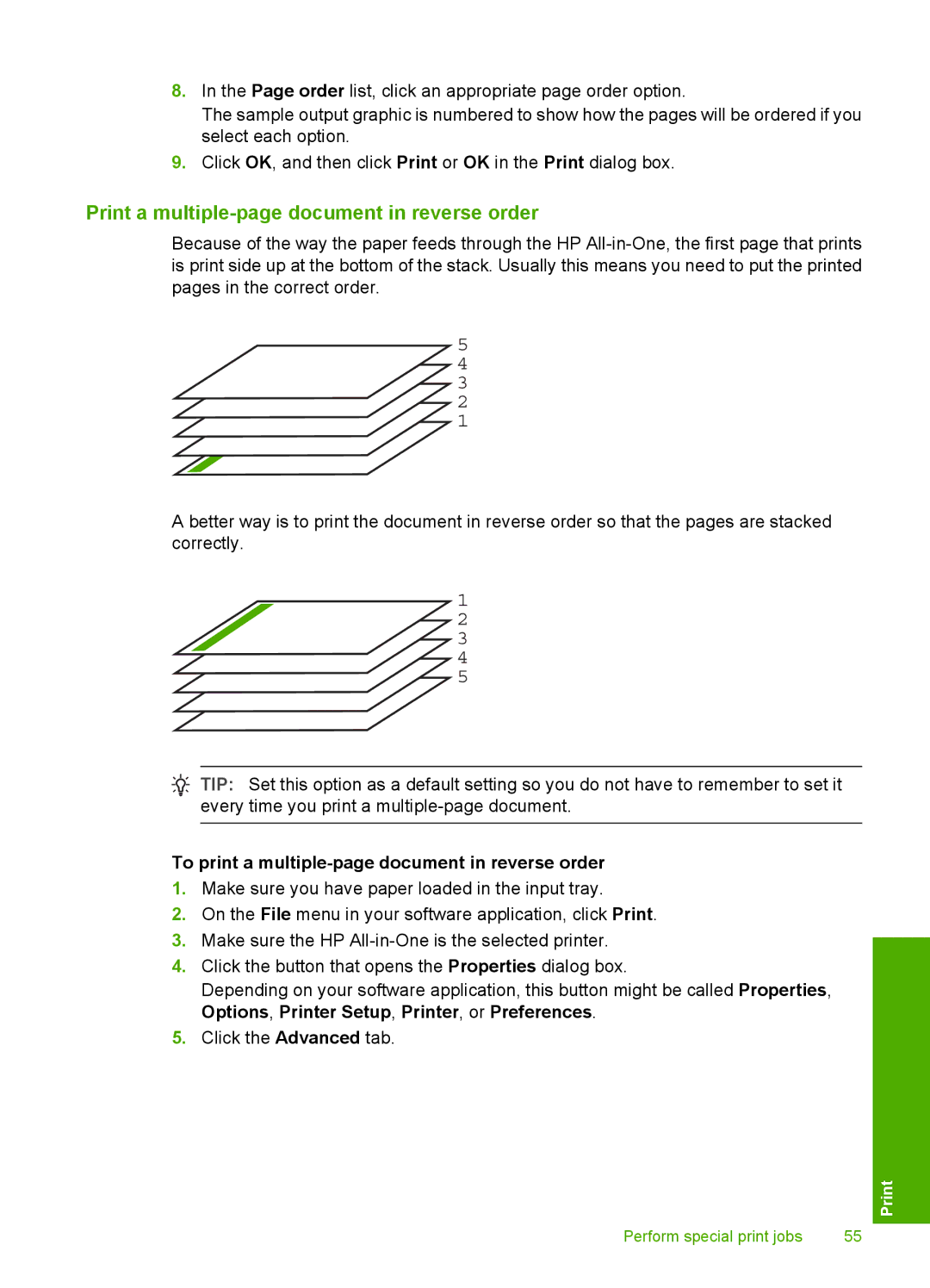 HP C4385, C4380, C4390 Print a multiple-page document in reverse order, To print a multiple-page document in reverse order 