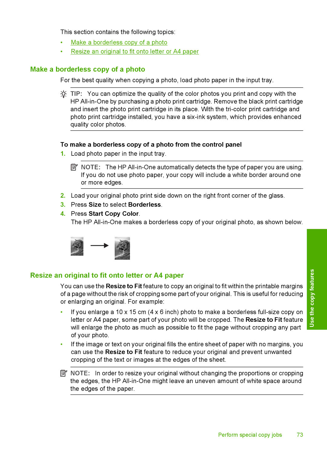 HP C4385 Make a borderless copy of a photo, Resize an original to fit onto letter or A4 paper, Press Start Copy Color 