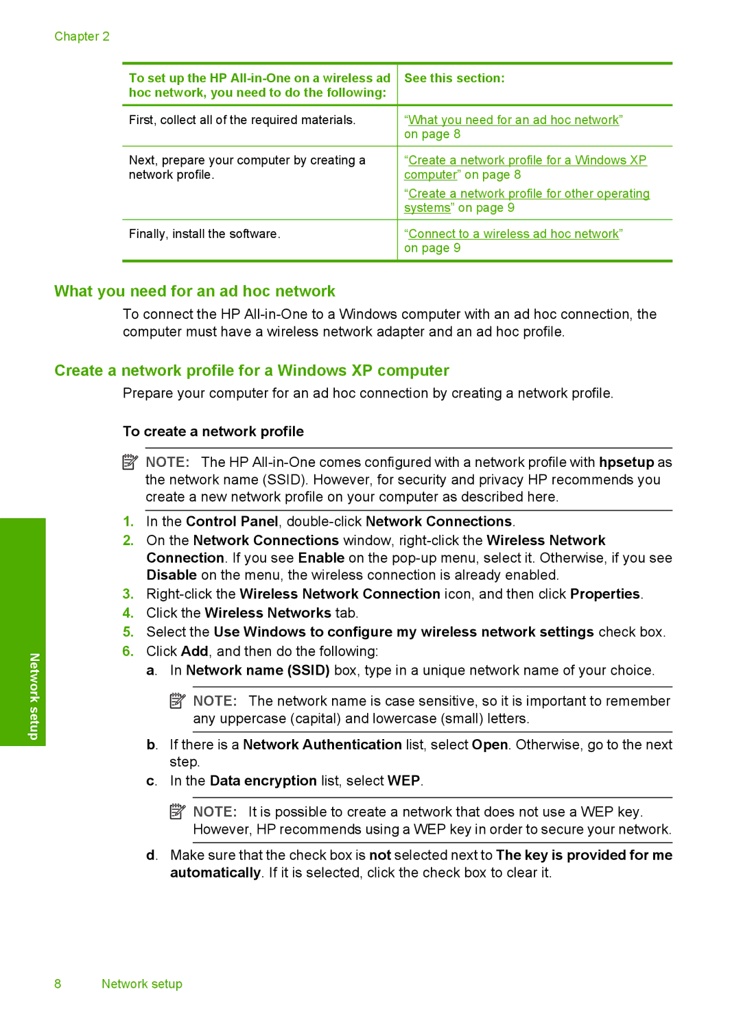 HP C4390, C4380, C4385 manual What you need for an ad hoc network, Create a network profile for a Windows XP computer 