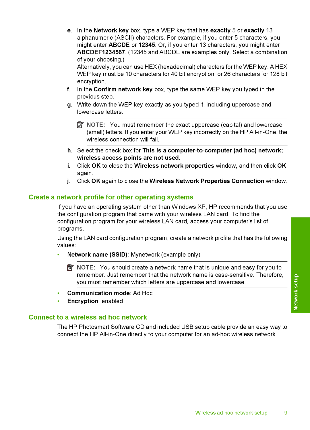 HP C4385, C4380, C4390 manual Create a network profile for other operating systems, Connect to a wireless ad hoc network 