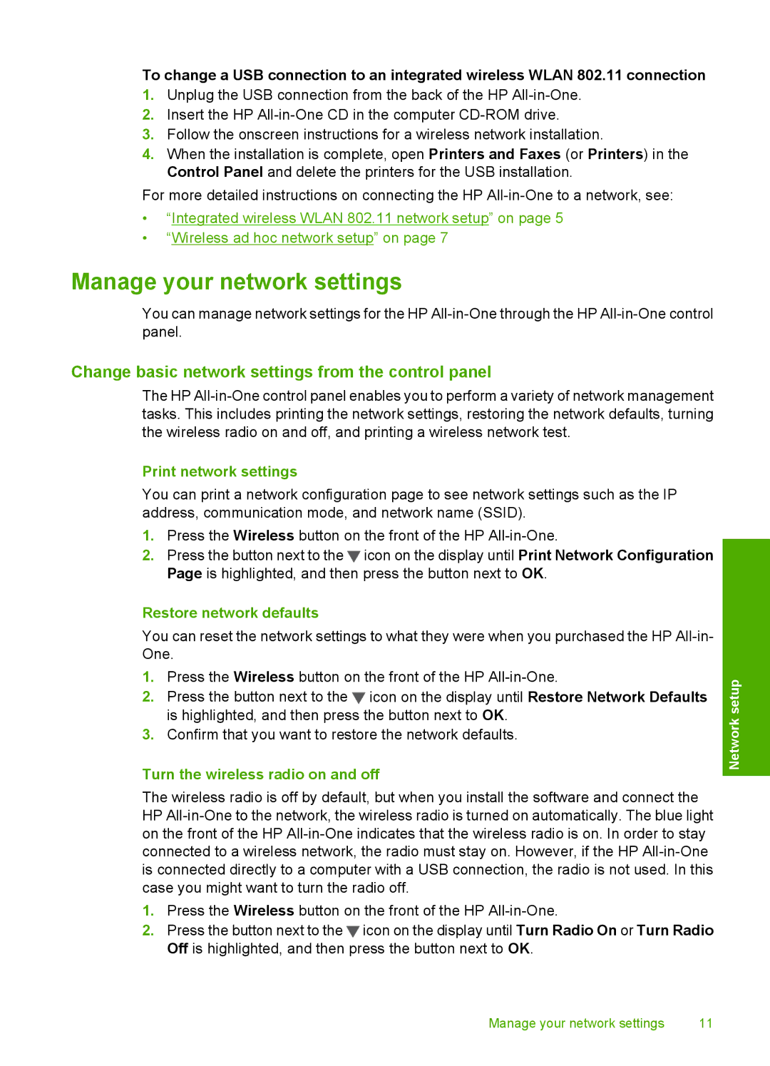 HP C4390, C4380 Manage your network settings, Change basic network settings from the control panel, Print network settings 