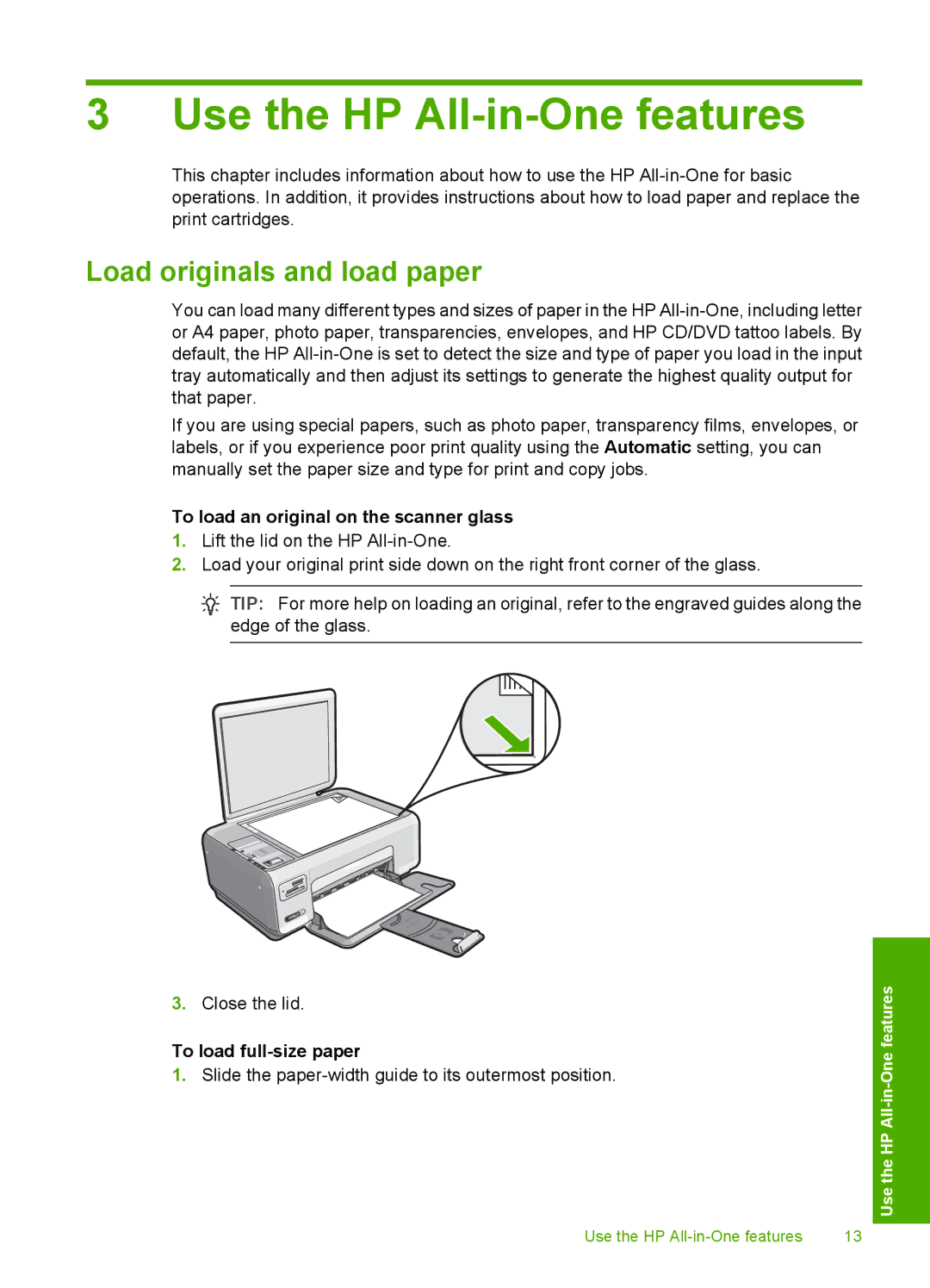 HP C4380, C4390 Use the HP All-in-One features, Load originals and load paper, To load an original on the scanner glass 