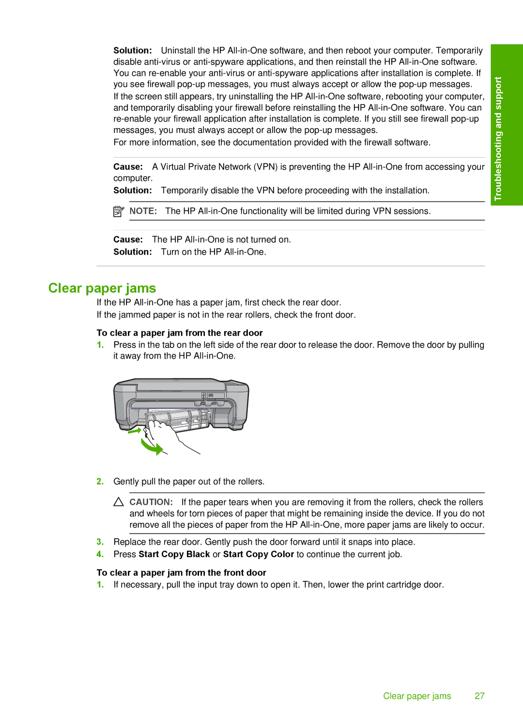 HP C4385, C4380, C4390 Clear paper jams, To clear a paper jam from the rear door, To clear a paper jam from the front door 