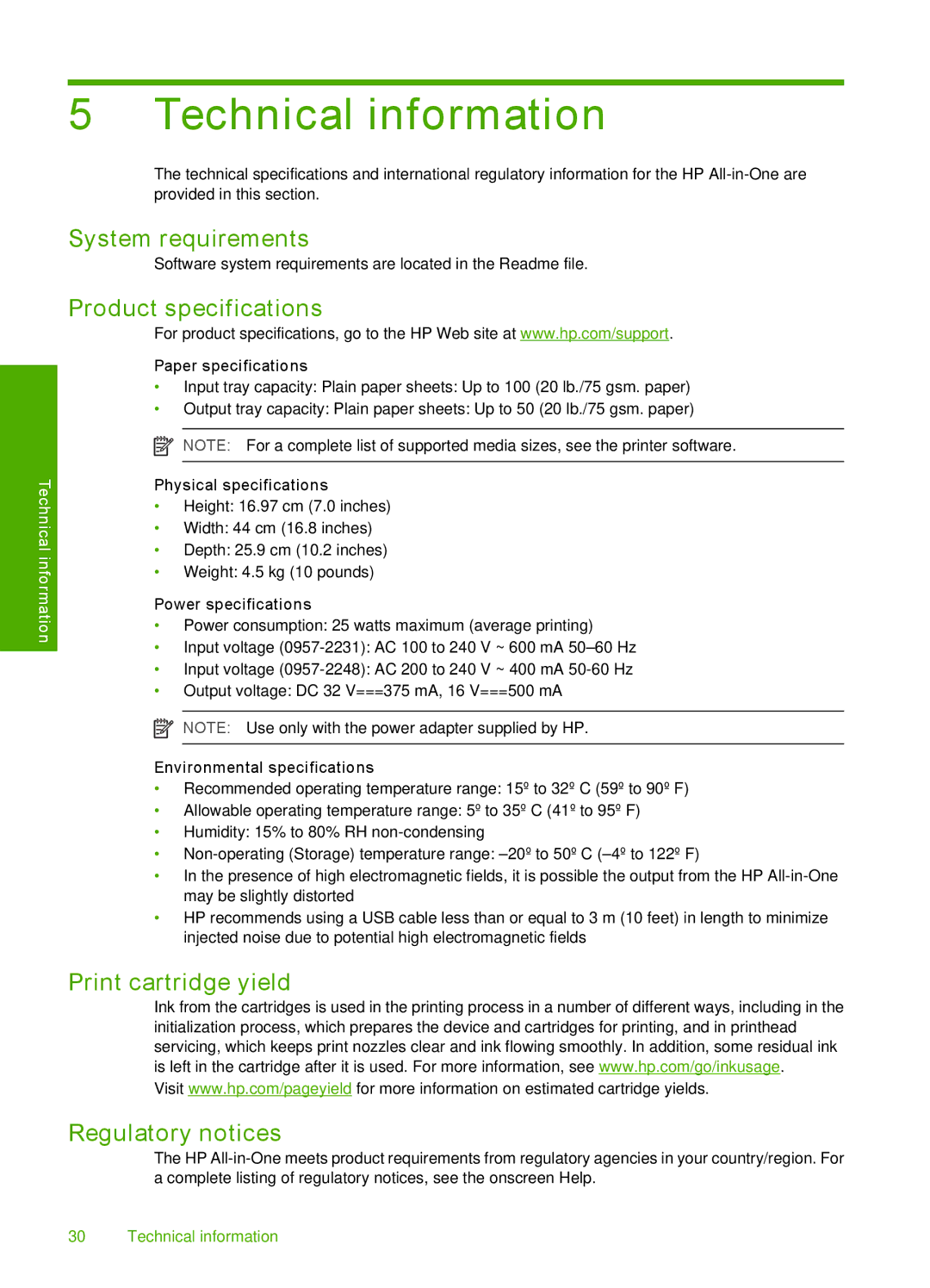 HP C4385 Technical information, System requirements, Product specifications, Print cartridge yield Regulatory notices 